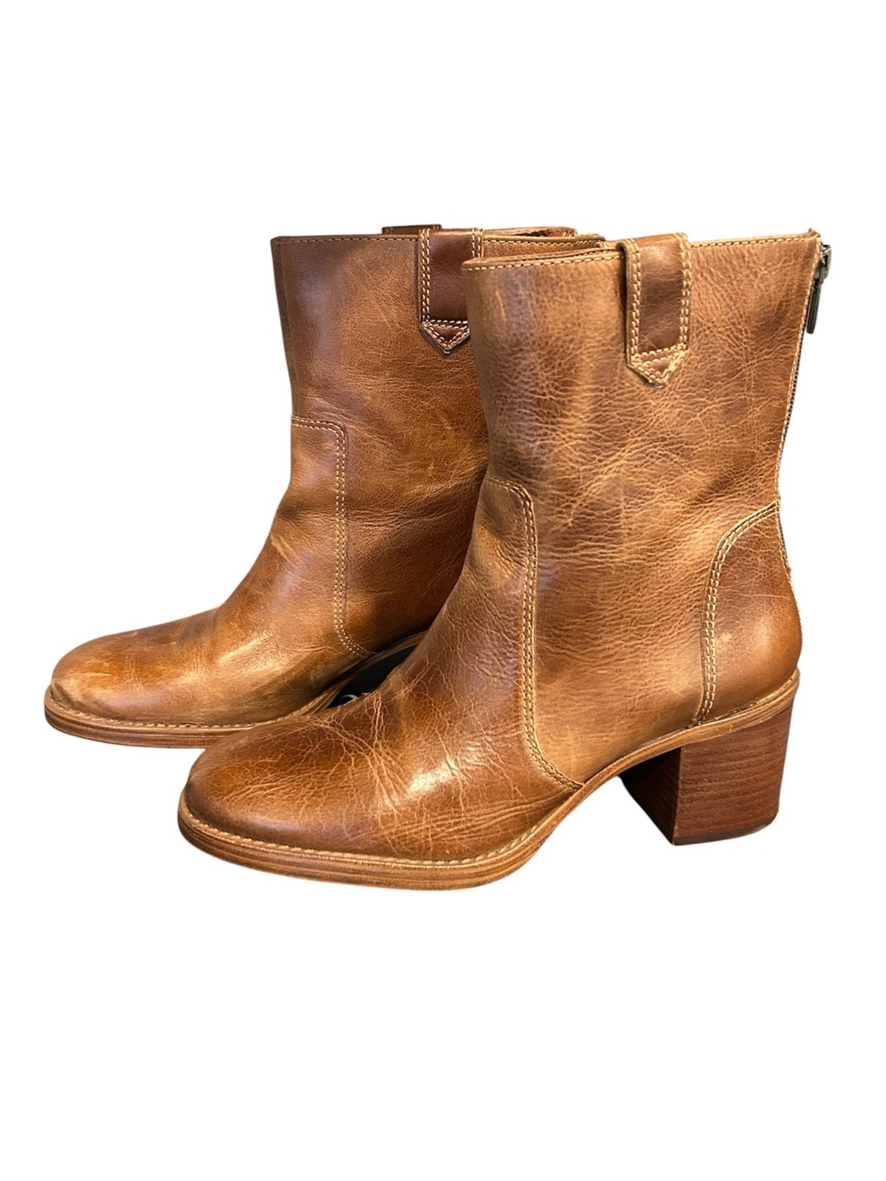 Women’s Warm Caramel Leather Mid-Calf Block Heel Boots - 7.5M